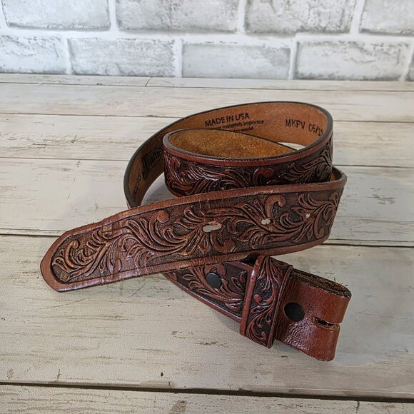 Justin Tooled Leather Belt Western Cowboy Scrolls sz 30 Made in USA - Picture 1 of 5